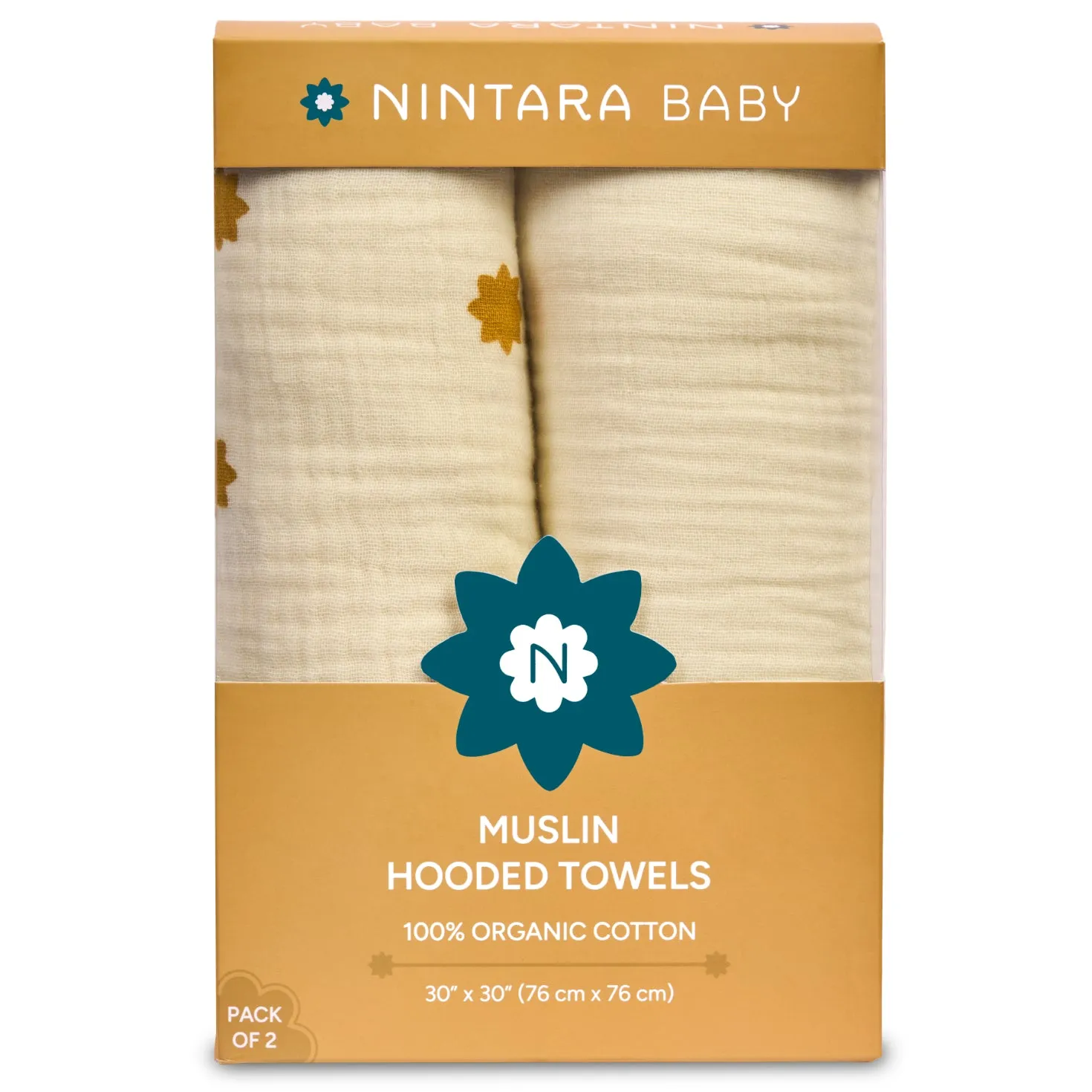 Nintara Baby Hooded Towel - 100% Organic Premium Muslin Cotton, 30" x 30" (76 cm x 76 cm), Ultra-Absorbent, Soft, Breathable, Hypoallergenic, Multipurpose, Gifts for Babies & Infants