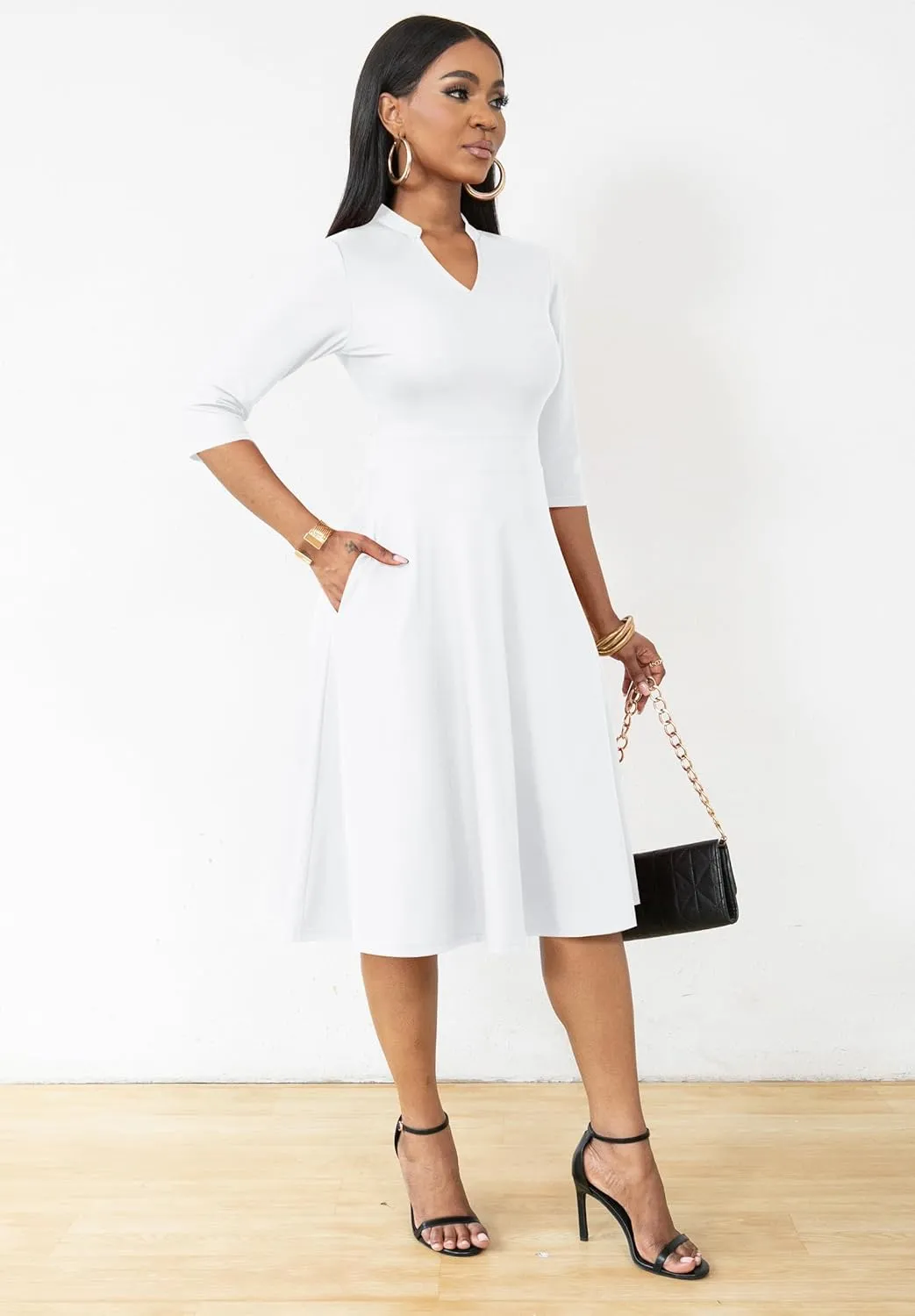 Nmoder Casual Dresses for Women Semi Formal Fit and Flare 3/4 Sleeve A-line Church Work Dress with Pockets
