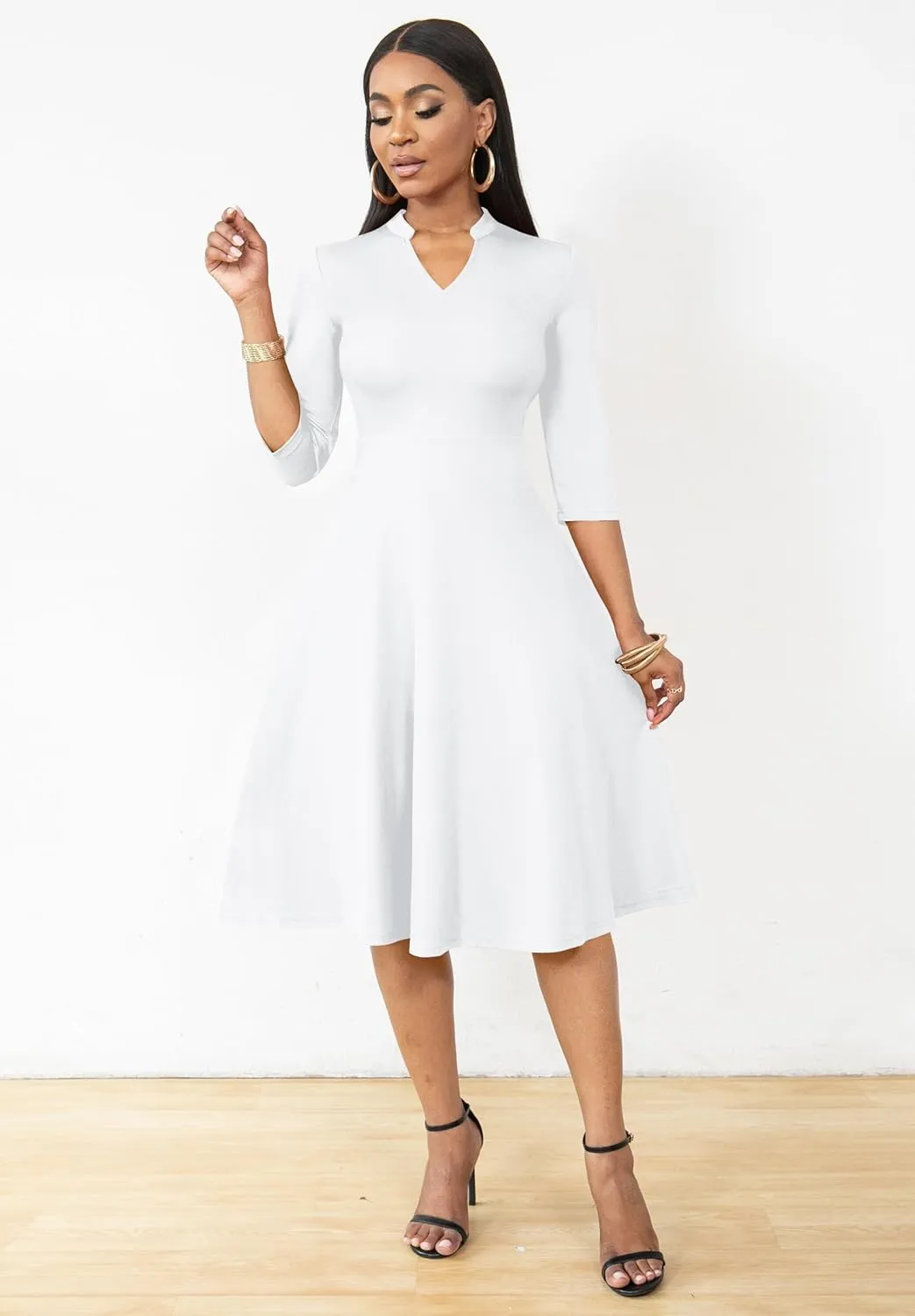 Nmoder Casual Dresses for Women Semi Formal Fit and Flare 3/4 Sleeve A-line Church Work Dress with Pockets