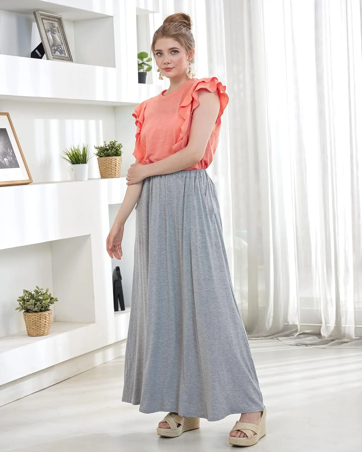 noflik Women's Elastic High Waisted Boho Long Maxi Skirts with Side Slits and Pockets