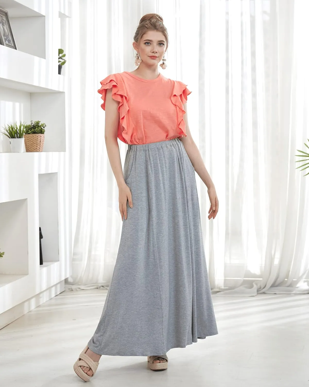 noflik Women's Elastic High Waisted Boho Long Maxi Skirts with Side Slits and Pockets