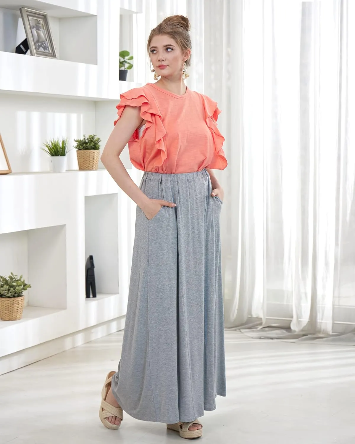 noflik Women's Elastic High Waisted Boho Long Maxi Skirts with Side Slits and Pockets