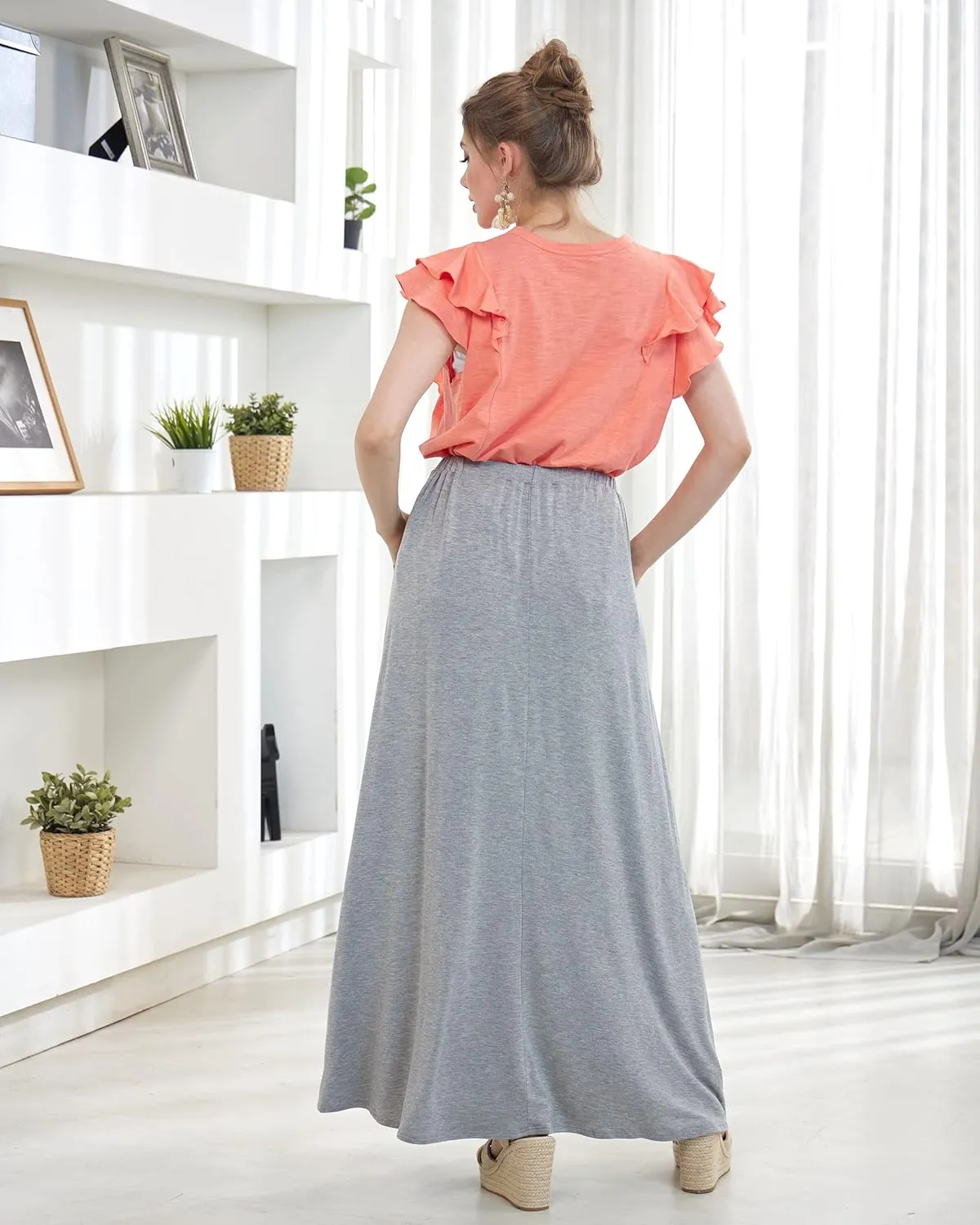 noflik Women's Elastic High Waisted Boho Long Maxi Skirts with Side Slits and Pockets
