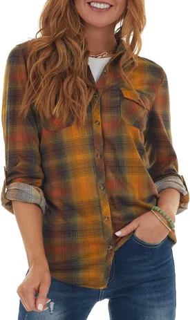 NUOREEL Women's Classic Plaid Shirt Button Down Shirts Roll Up Long Sleeve Cuffed Shirts