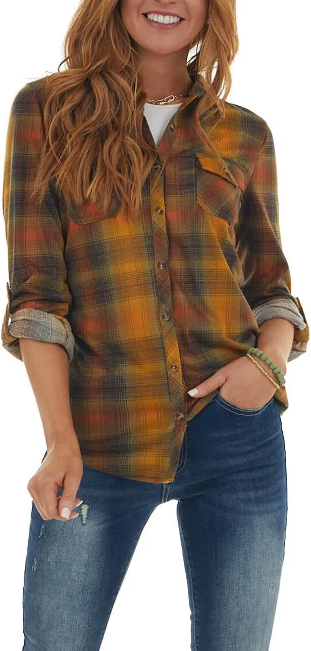 NUOREEL Women's Classic Plaid Shirt Button Down Shirts Roll Up Long Sleeve Cuffed Shirts