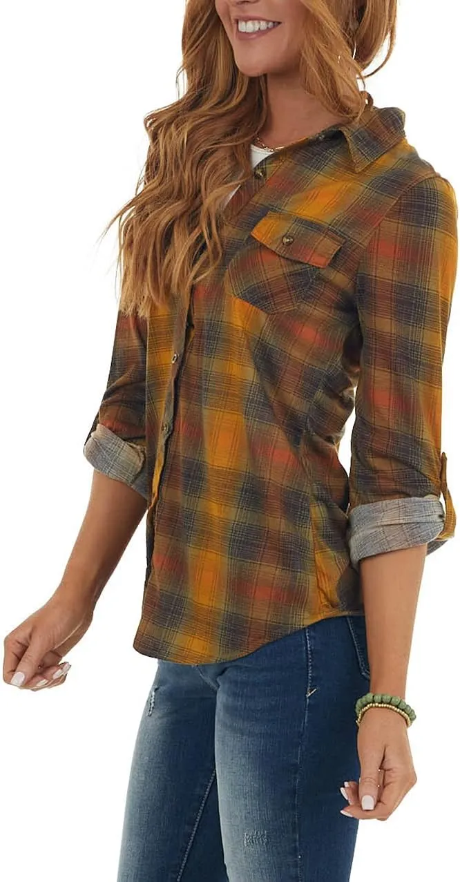 NUOREEL Women's Classic Plaid Shirt Button Down Shirts Roll Up Long Sleeve Cuffed Shirts