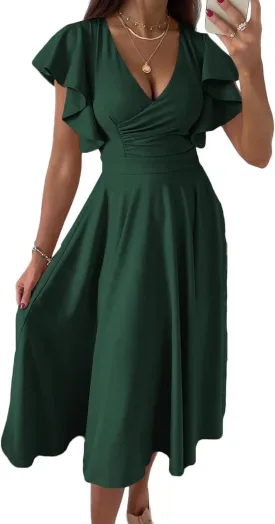 PRETTYGARDEN Summer Midi Dress 2025 Elegant Classy Ruffle Sleeve V Neck Cocktail Wedding Guest Spring Fit and Flared Dresses