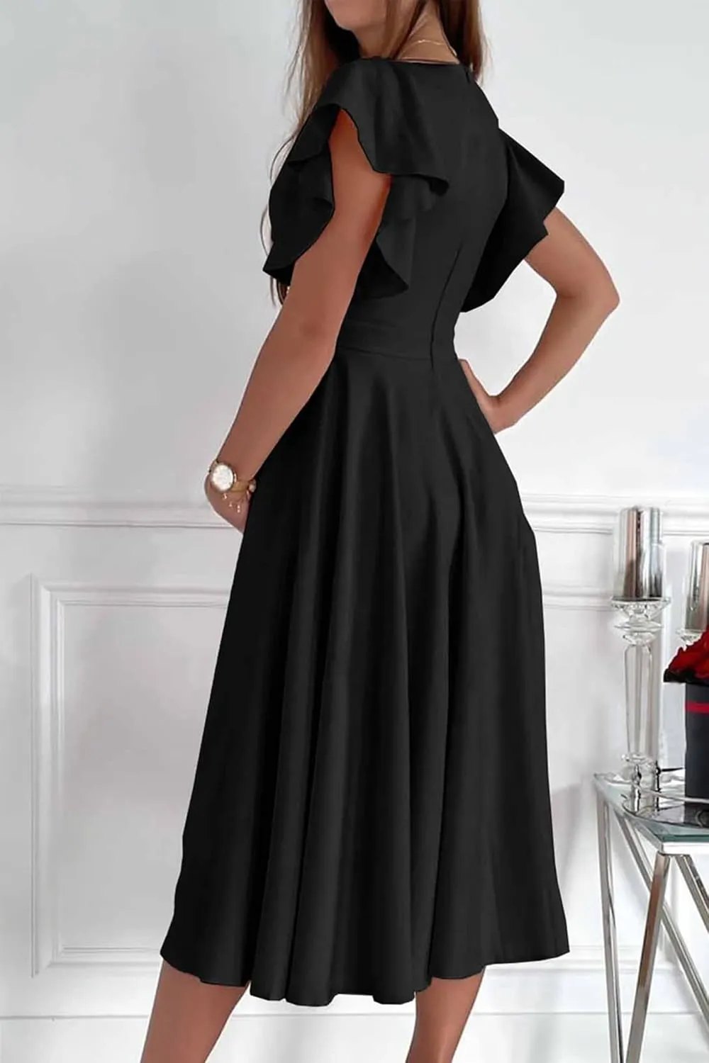 PRETTYGARDEN Summer Midi Dress 2025 Elegant Classy Ruffle Sleeve V Neck Cocktail Wedding Guest Spring Fit and Flared Dresses
