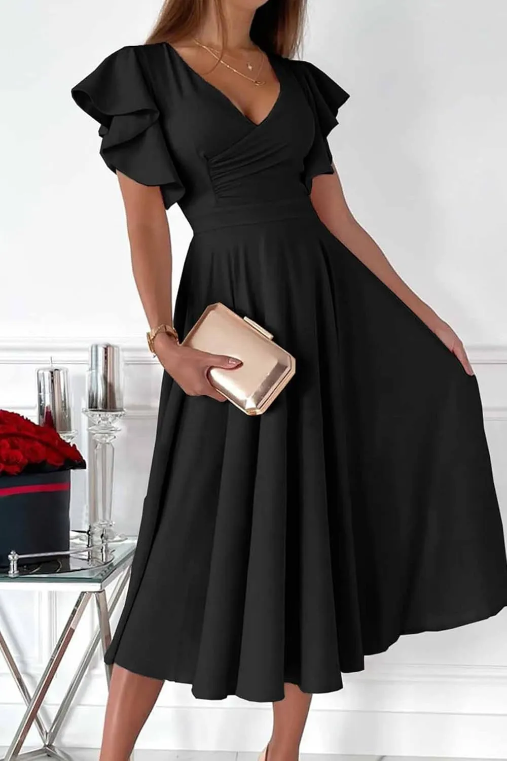 PRETTYGARDEN Summer Midi Dress 2025 Elegant Classy Ruffle Sleeve V Neck Cocktail Wedding Guest Spring Fit and Flared Dresses
