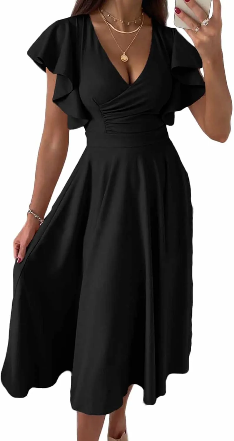 PRETTYGARDEN Summer Midi Dress 2025 Elegant Classy Ruffle Sleeve V Neck Cocktail Wedding Guest Spring Fit and Flared Dresses
