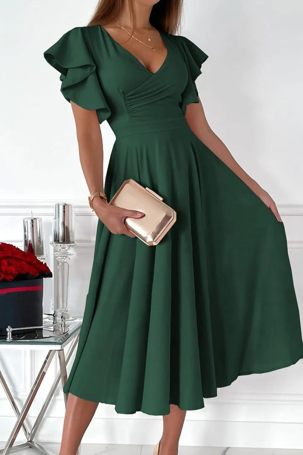 PRETTYGARDEN Summer Midi Dress 2025 Elegant Classy Ruffle Sleeve V Neck Cocktail Wedding Guest Spring Fit and Flared Dresses