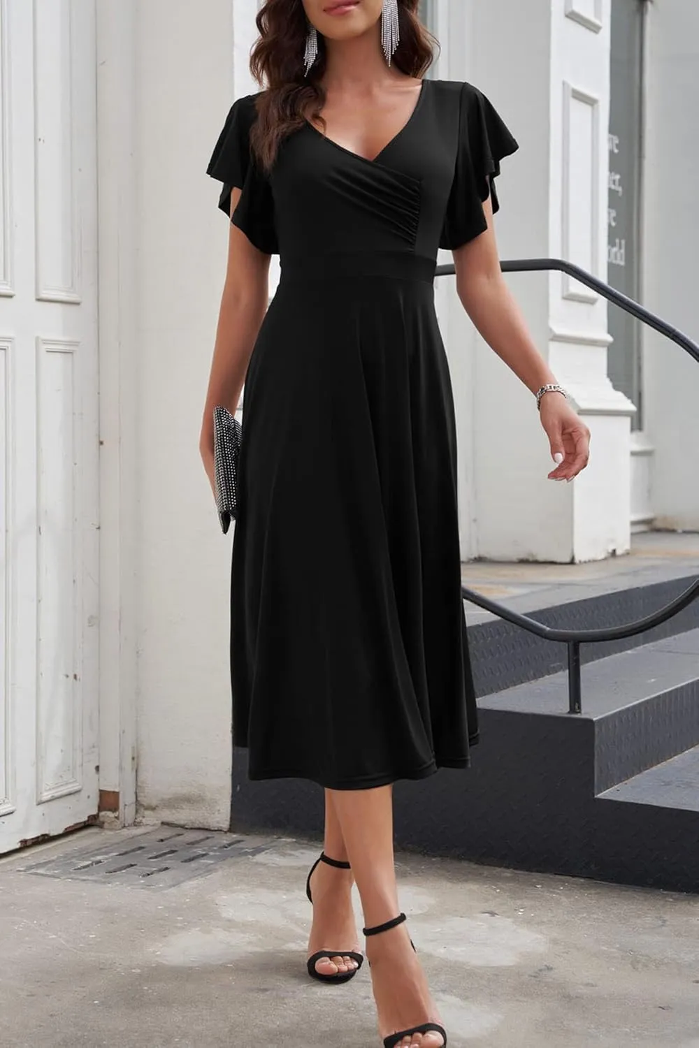 PRETTYGARDEN Summer Midi Dress 2025 Elegant Classy Ruffle Sleeve V Neck Cocktail Wedding Guest Spring Fit and Flared Dresses