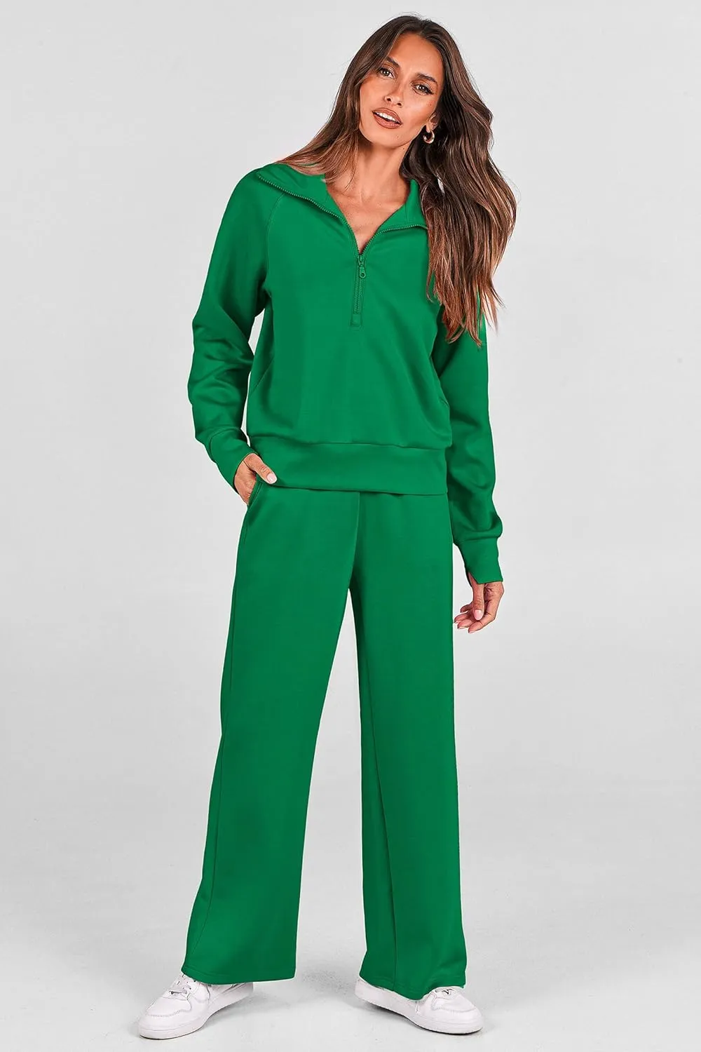 PRETTYGARDEN Women's 2 Piece Outfits Casual Lapel Half Zip Sweatshirts And Wide Leg Pants Tracksuit Sets