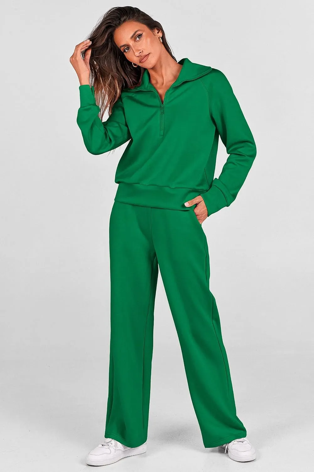 PRETTYGARDEN Women's 2 Piece Outfits Casual Lapel Half Zip Sweatshirts And Wide Leg Pants Tracksuit Sets