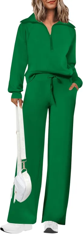 PRETTYGARDEN Women's 2 Piece Outfits Casual Lapel Half Zip Sweatshirts And Wide Leg Pants Tracksuit Sets