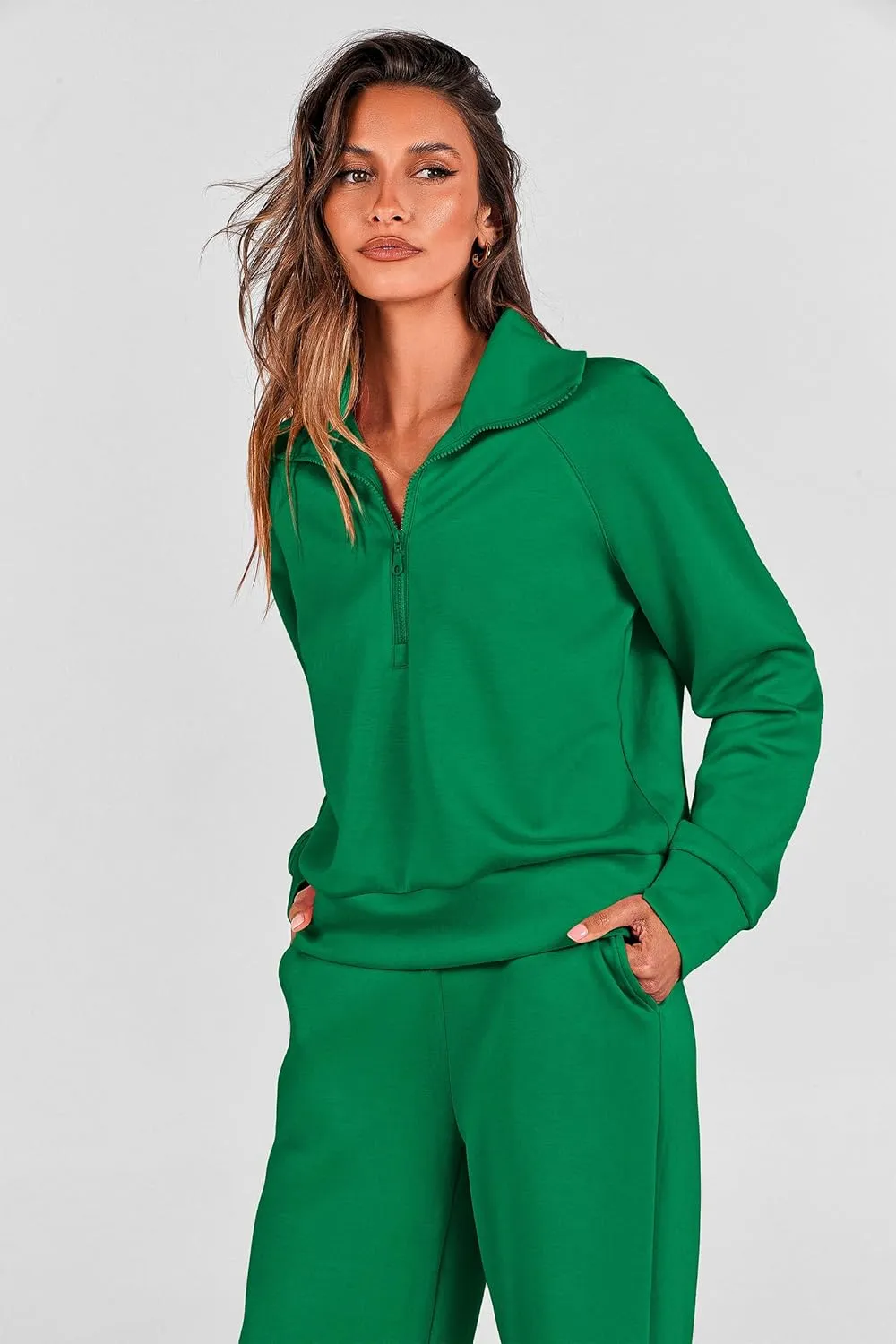 PRETTYGARDEN Women's 2 Piece Outfits Casual Lapel Half Zip Sweatshirts And Wide Leg Pants Tracksuit Sets