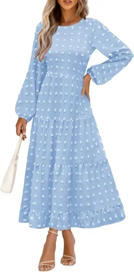 PRETTYGARDEN Women's Fall Spring Elegant Long Sleeve Maxi Dress Swiss Dot A Line Flowy Casual Holiday Party Going Out Dresses