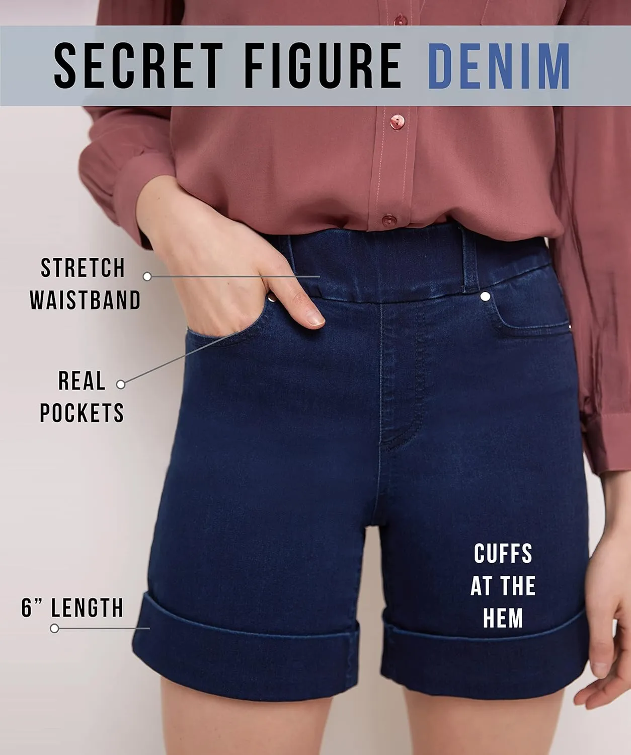 Rekucci Secret Figure Denim Women's 6 inch Pull-On Chic Cuffed Jean Short