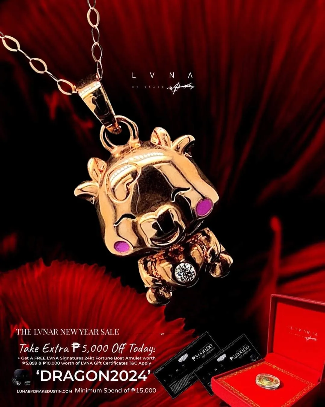 Rose Lucky Pig Diamond Necklace 18kt