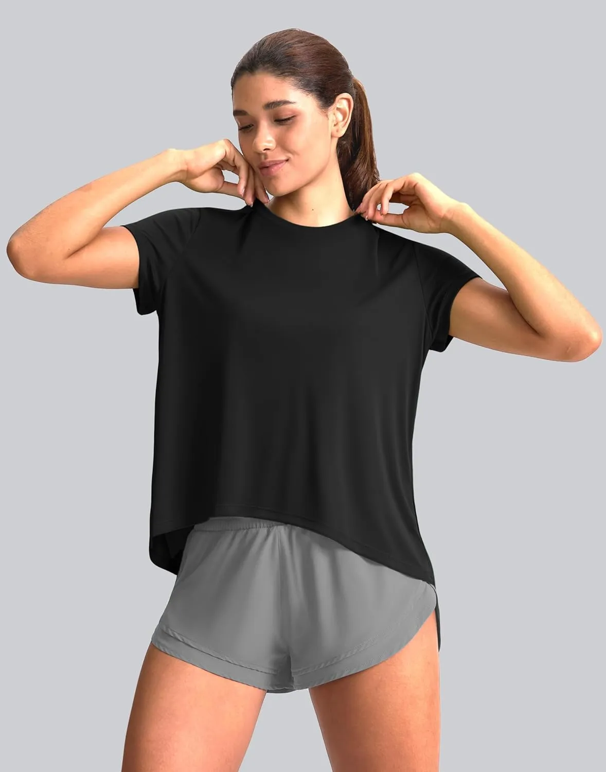 SANTINY Short Sleeve Workout Tops for Women Loose Yoga T-Shirts Sun Protection Breathable Running Athletic Tee Shirts
