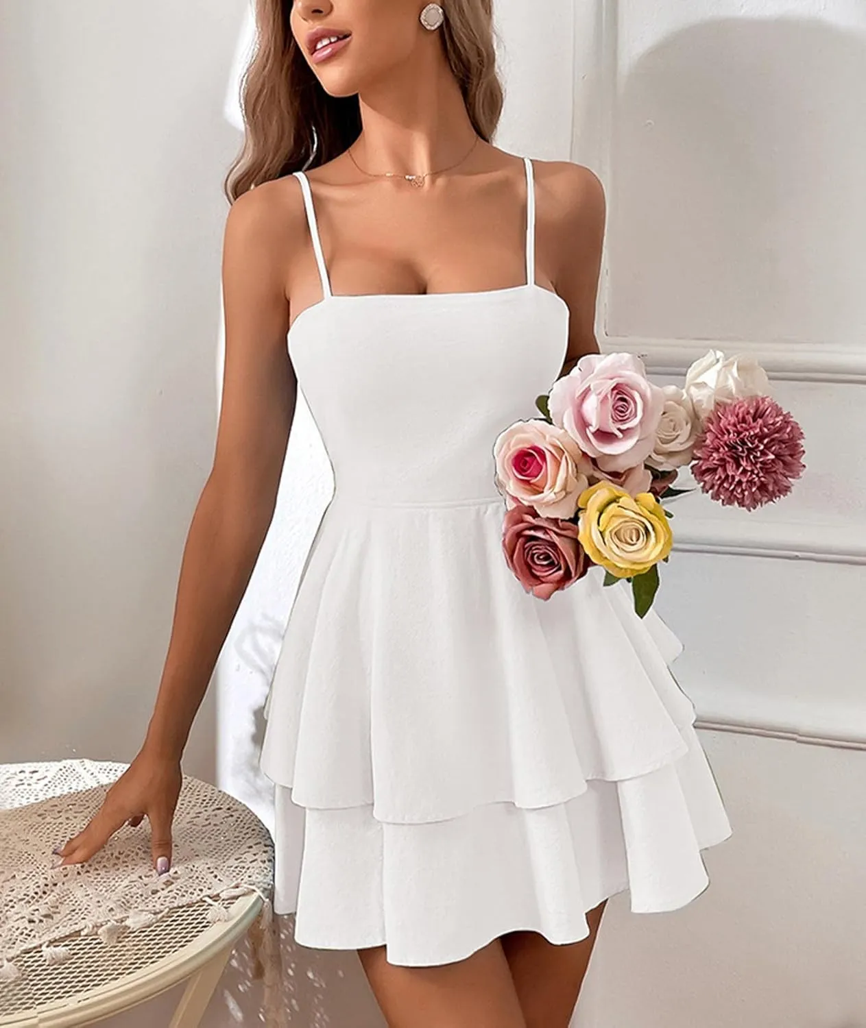 SEMATOMALA Women's Tie Back Spaghetti Strap Skater Mini Dress Tiered Ruffle Fit and Flared A Line Sexy Cute Short Party Dress