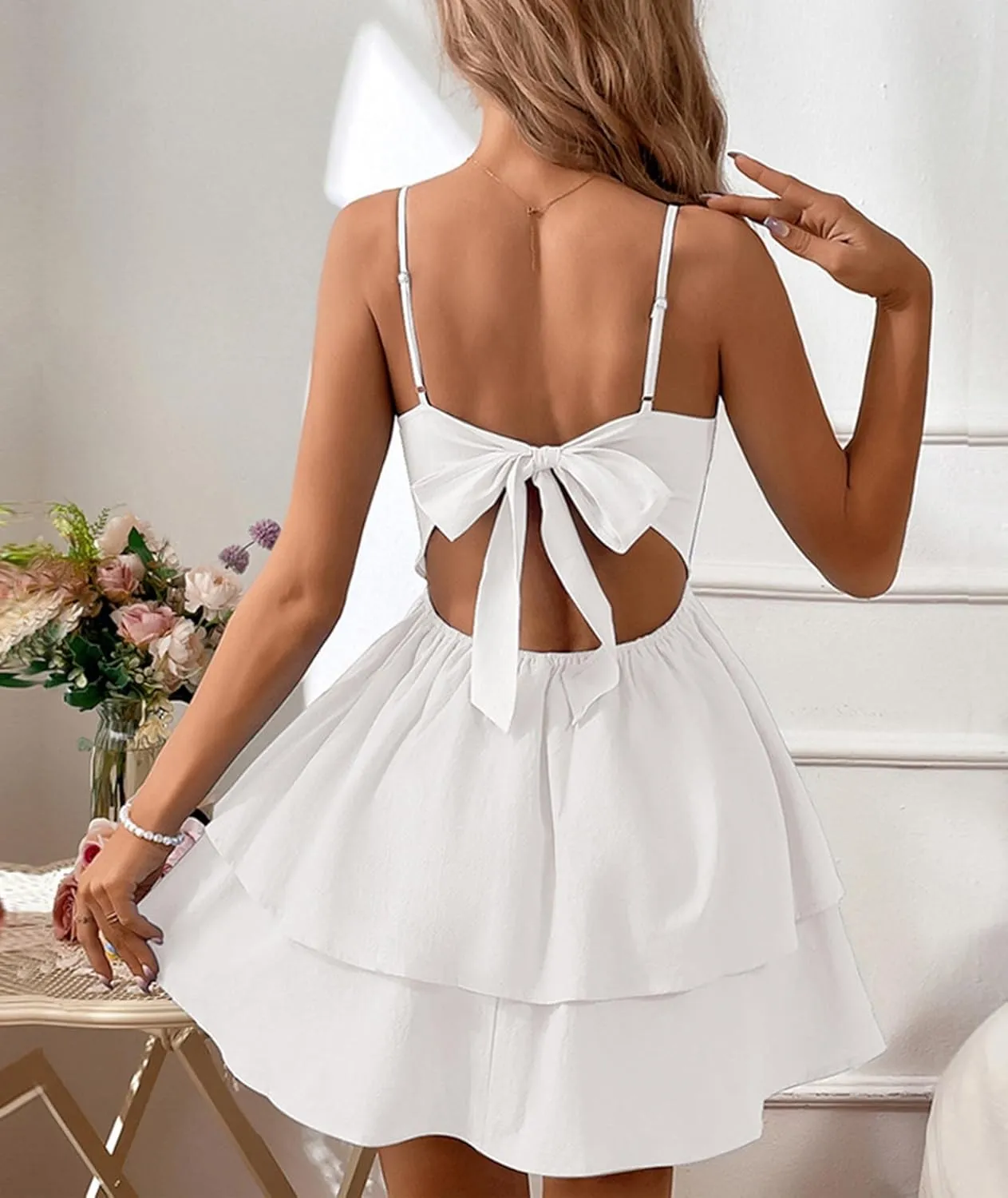 SEMATOMALA Women's Tie Back Spaghetti Strap Skater Mini Dress Tiered Ruffle Fit and Flared A Line Sexy Cute Short Party Dress