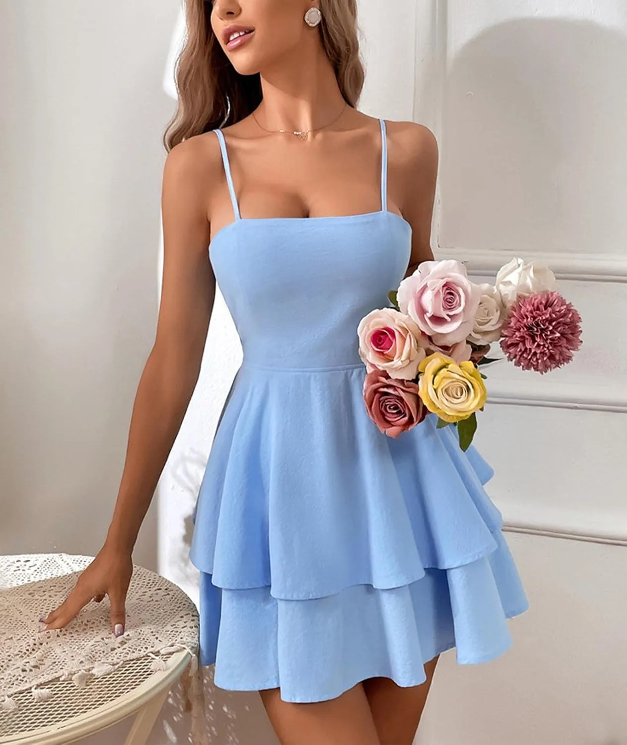 SEMATOMALA Women's Tie Back Spaghetti Strap Skater Mini Dress Tiered Ruffle Fit and Flared A Line Sexy Cute Short Party Dress