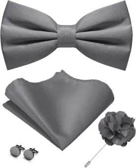Solid Color Pre-tied Bow Tie and Pocket Square Cufflinks Lapel Pin Sets for Men 4PCS