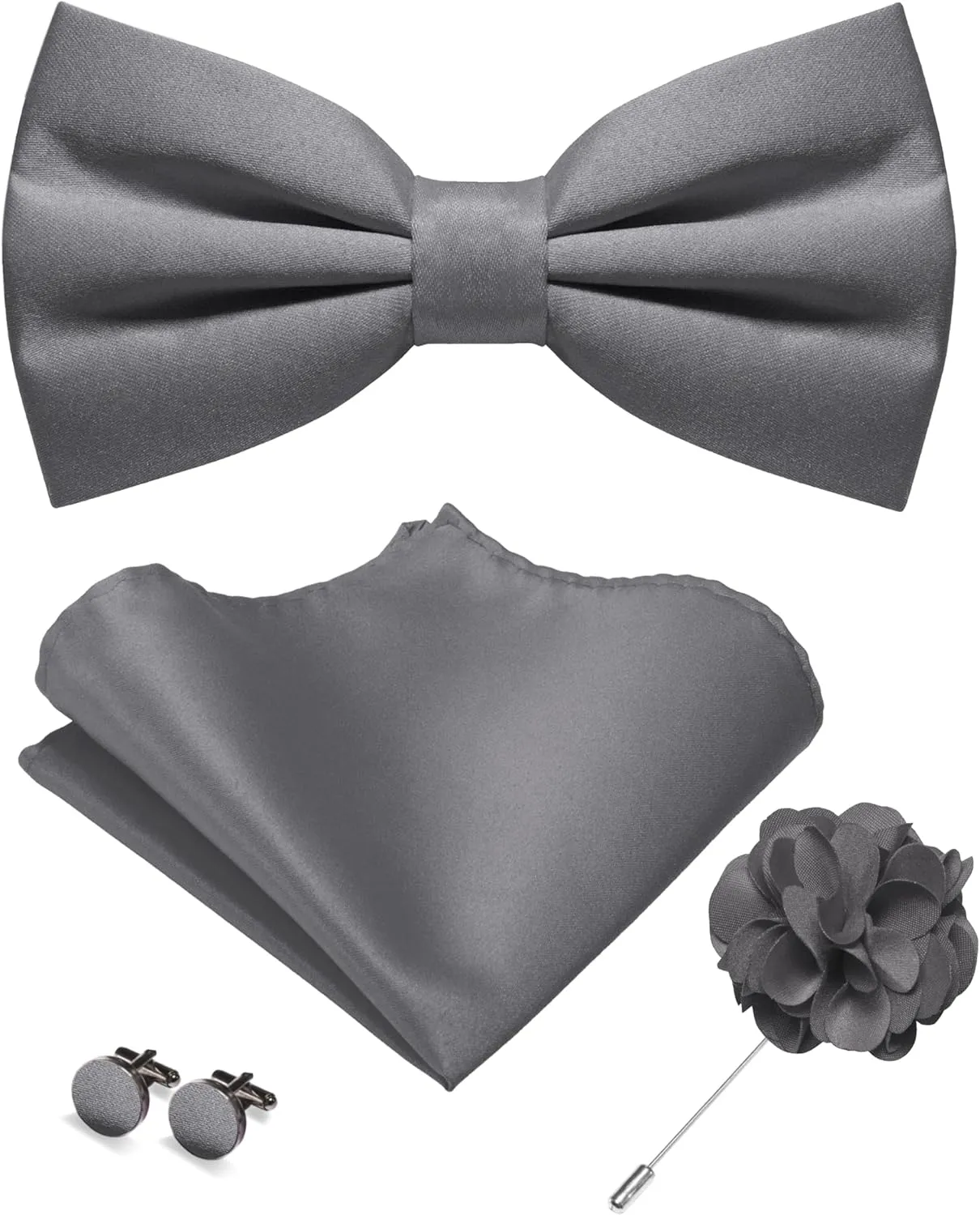 Solid Color Pre-tied Bow Tie and Pocket Square Cufflinks Lapel Pin Sets for Men 4PCS