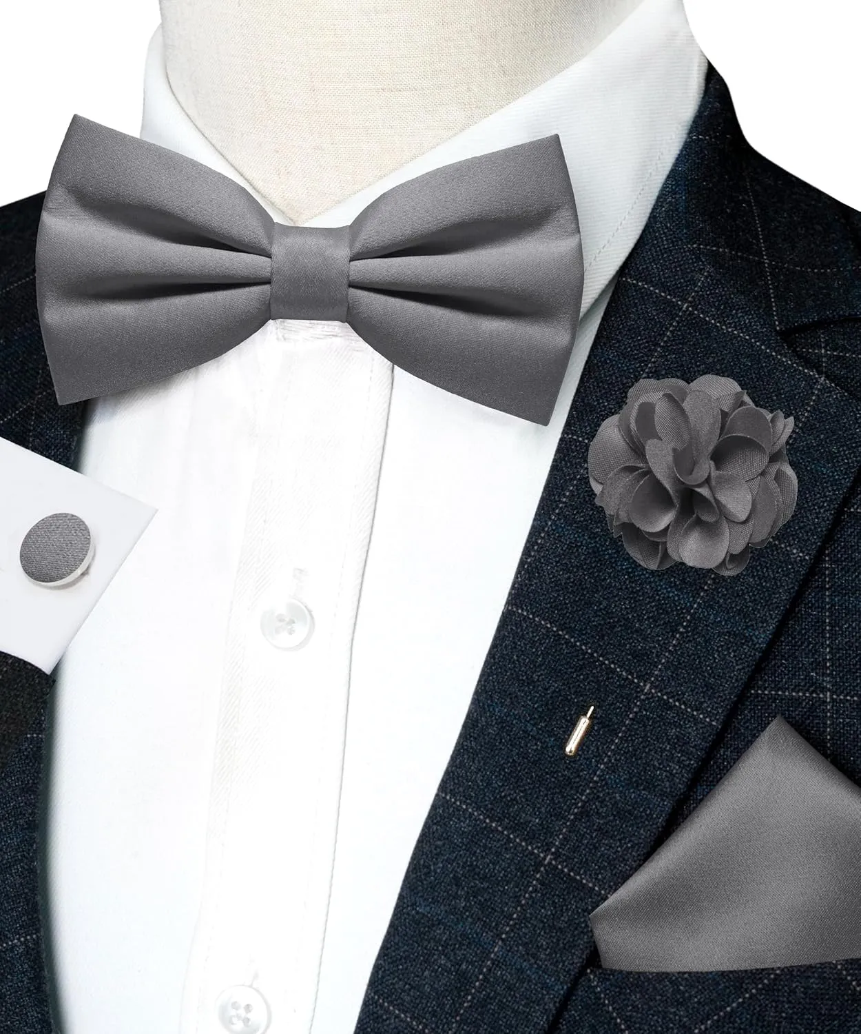 Solid Color Pre-tied Bow Tie and Pocket Square Cufflinks Lapel Pin Sets for Men 4PCS