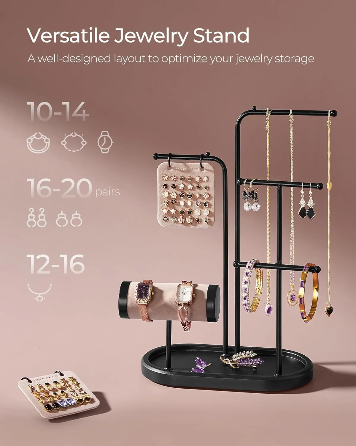 SONGMICS Jewelry Stand, Jewelry Organizer, Jewelry Display Holder with Metal Frame, 2 Earring Boards, 4 Hanging Rods, Necklace Earring Bracelet Holder, for Watches, Ink Black UJJS025B01