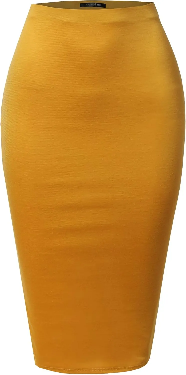 SSOULM Women's Work Office Stretchy Fitted Midi Pencil Skirt with Slit and Plus Size