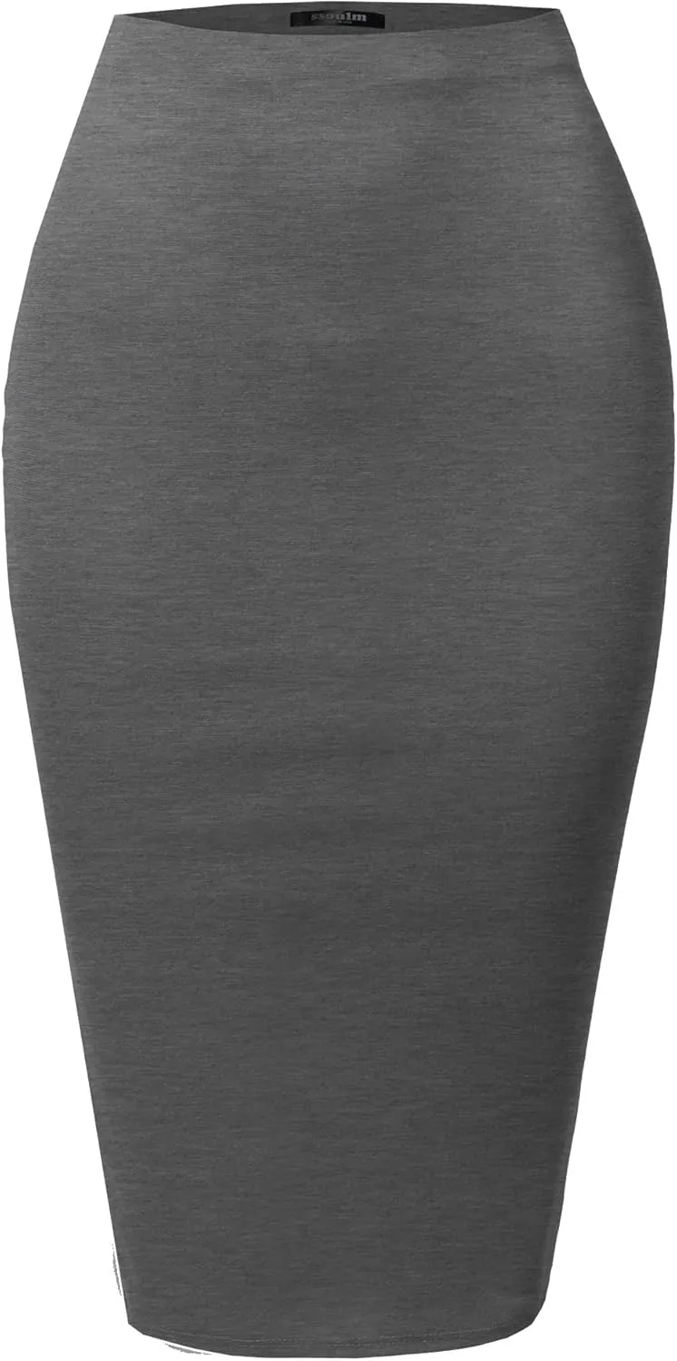 SSOULM Women's Work Office Stretchy Fitted Midi Pencil Skirt with Slit and Plus Size