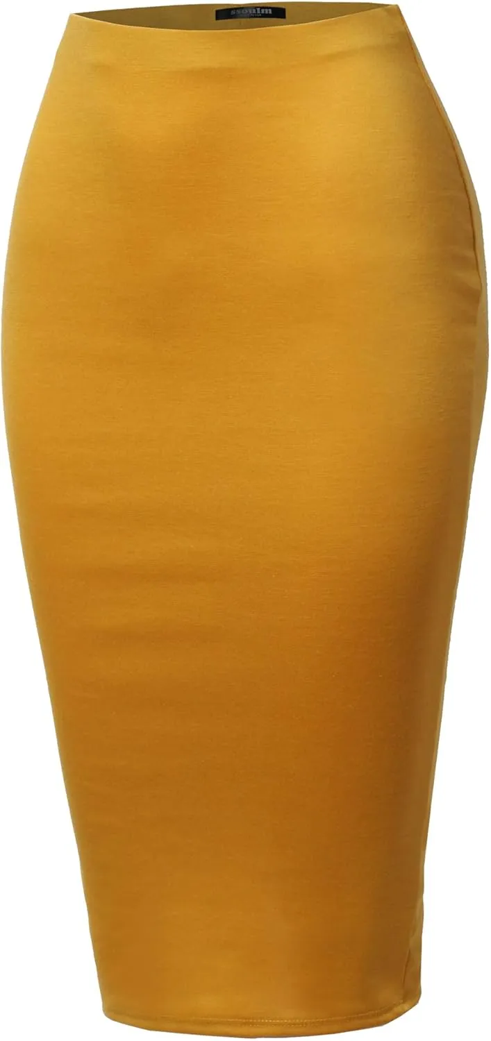 SSOULM Women's Work Office Stretchy Fitted Midi Pencil Skirt with Slit and Plus Size