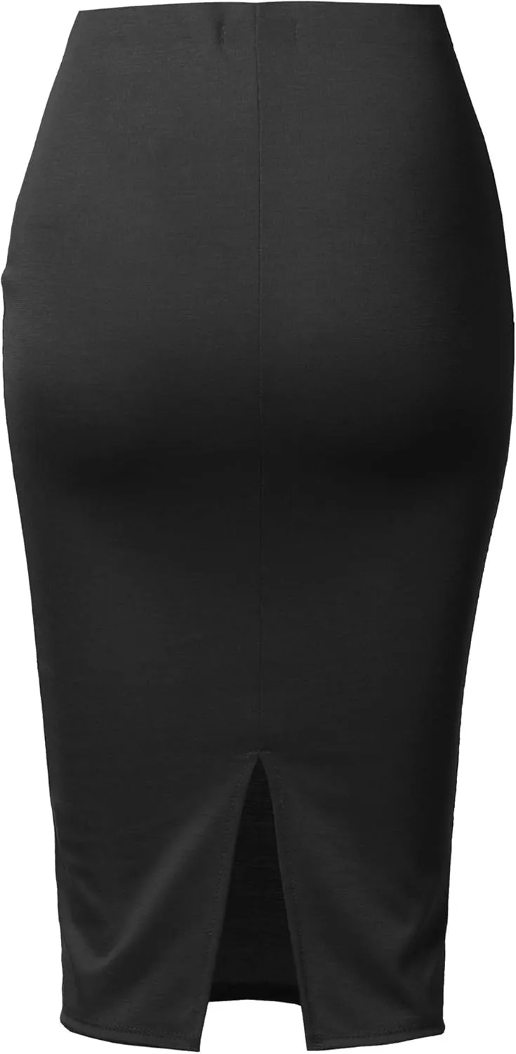 SSOULM Women's Work Office Stretchy Fitted Midi Pencil Skirt with Slit and Plus Size