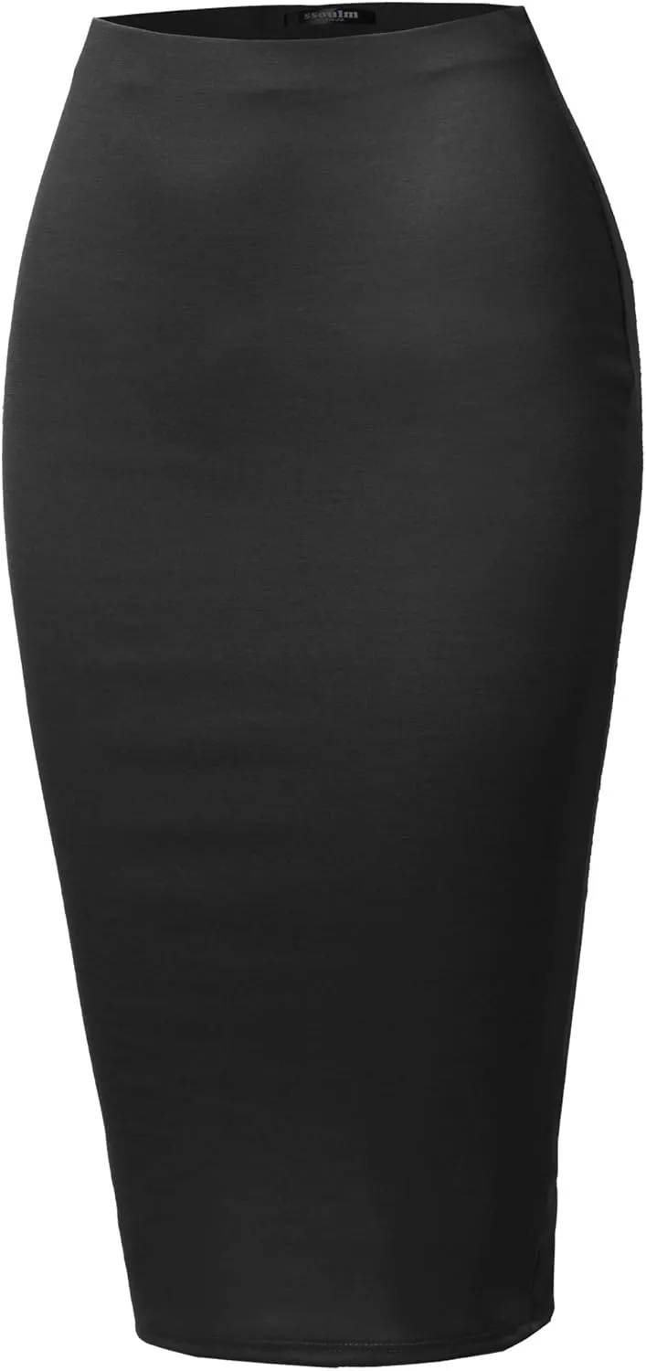 SSOULM Women's Work Office Stretchy Fitted Midi Pencil Skirt with Slit and Plus Size