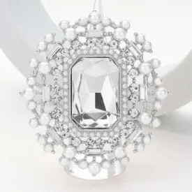 Statement Pearl & Rhinestone Ring Silver
