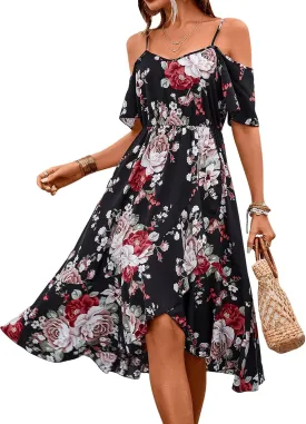 SweatyRocks Women's Floral Print Short Sleeve Cold Shoulder Dress Asymmetrical High Low Ruffle Midi Dresses