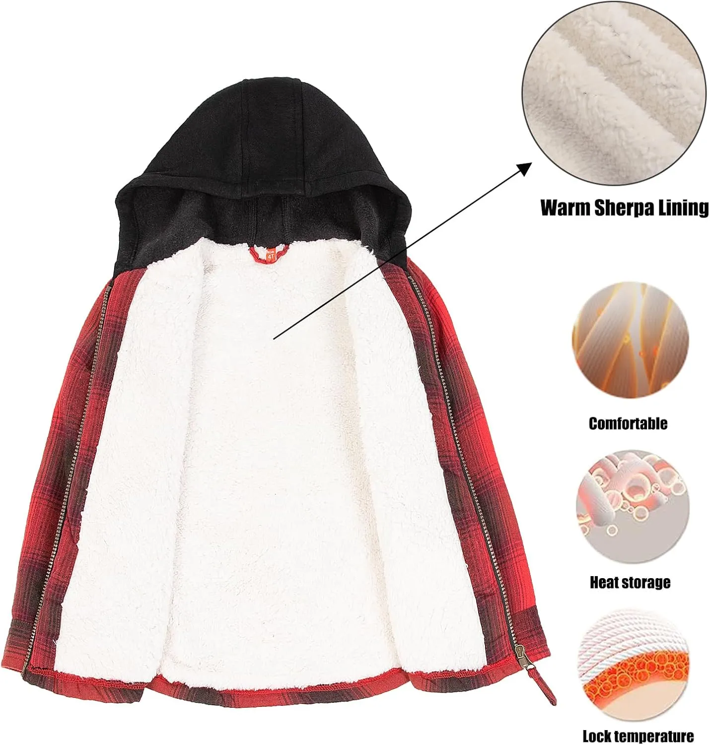 ThCreasa Unisex Toddler Boys Girls Plaid Zip Up Flannel Hooded Jacket Sherpa Lined Shacket with Hand Pockets