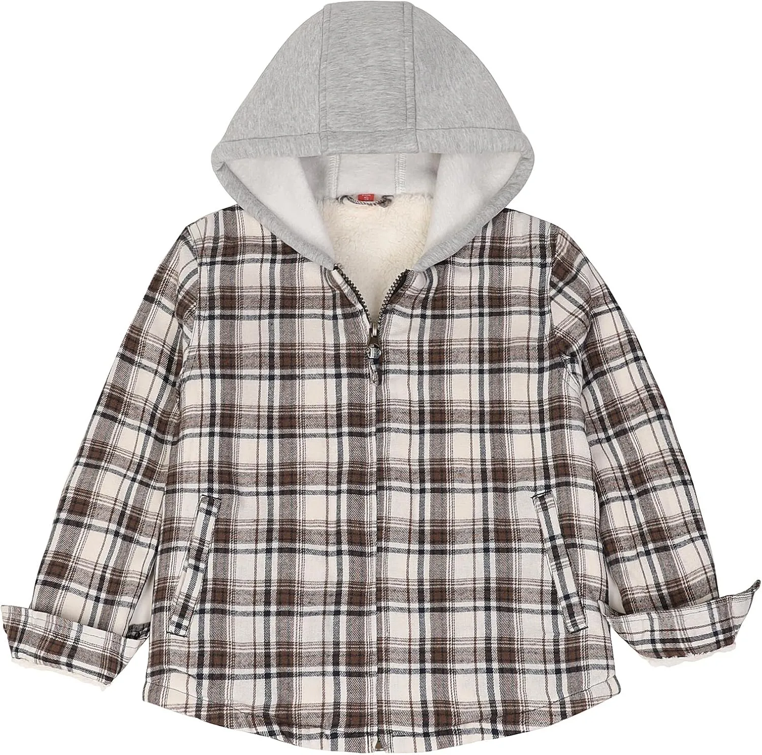 ThCreasa Unisex Toddler Boys Girls Plaid Zip Up Flannel Hooded Jacket Sherpa Lined Shacket with Hand Pockets