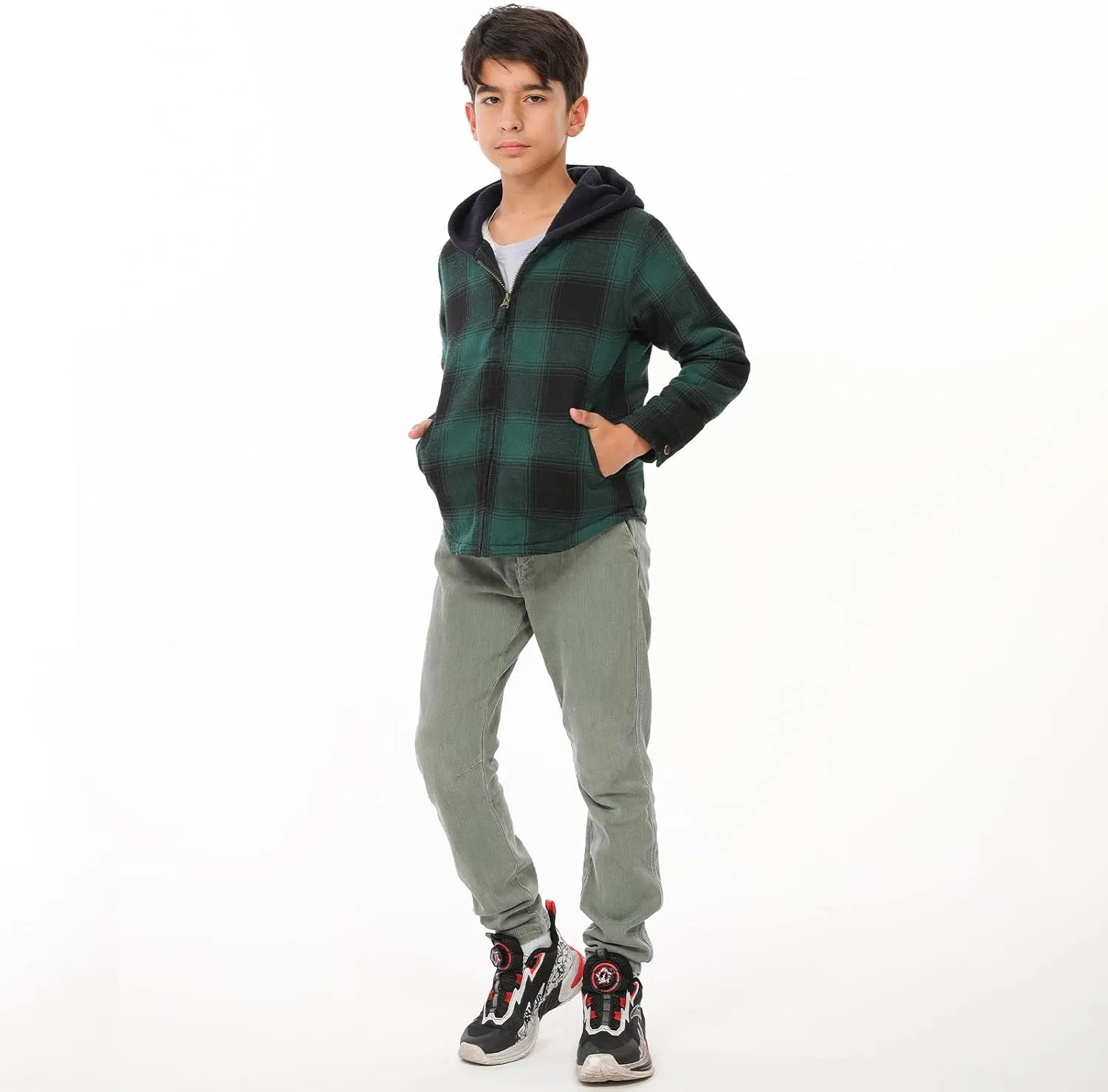 ThCreasa Unisex Toddler Boys Girls Plaid Zip Up Flannel Hooded Jacket Sherpa Lined Shacket with Hand Pockets