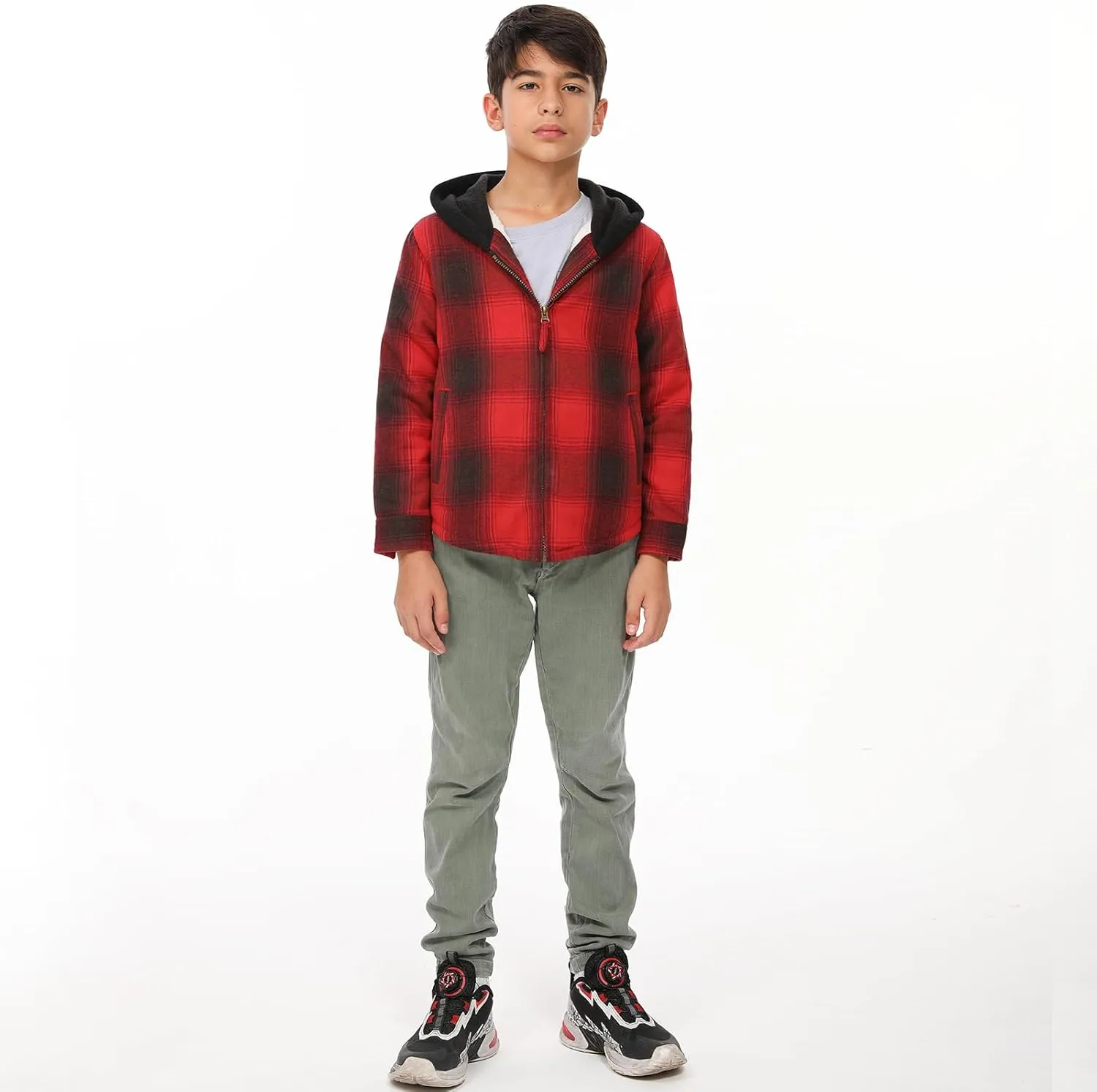 ThCreasa Unisex Toddler Boys Girls Plaid Zip Up Flannel Hooded Jacket Sherpa Lined Shacket with Hand Pockets