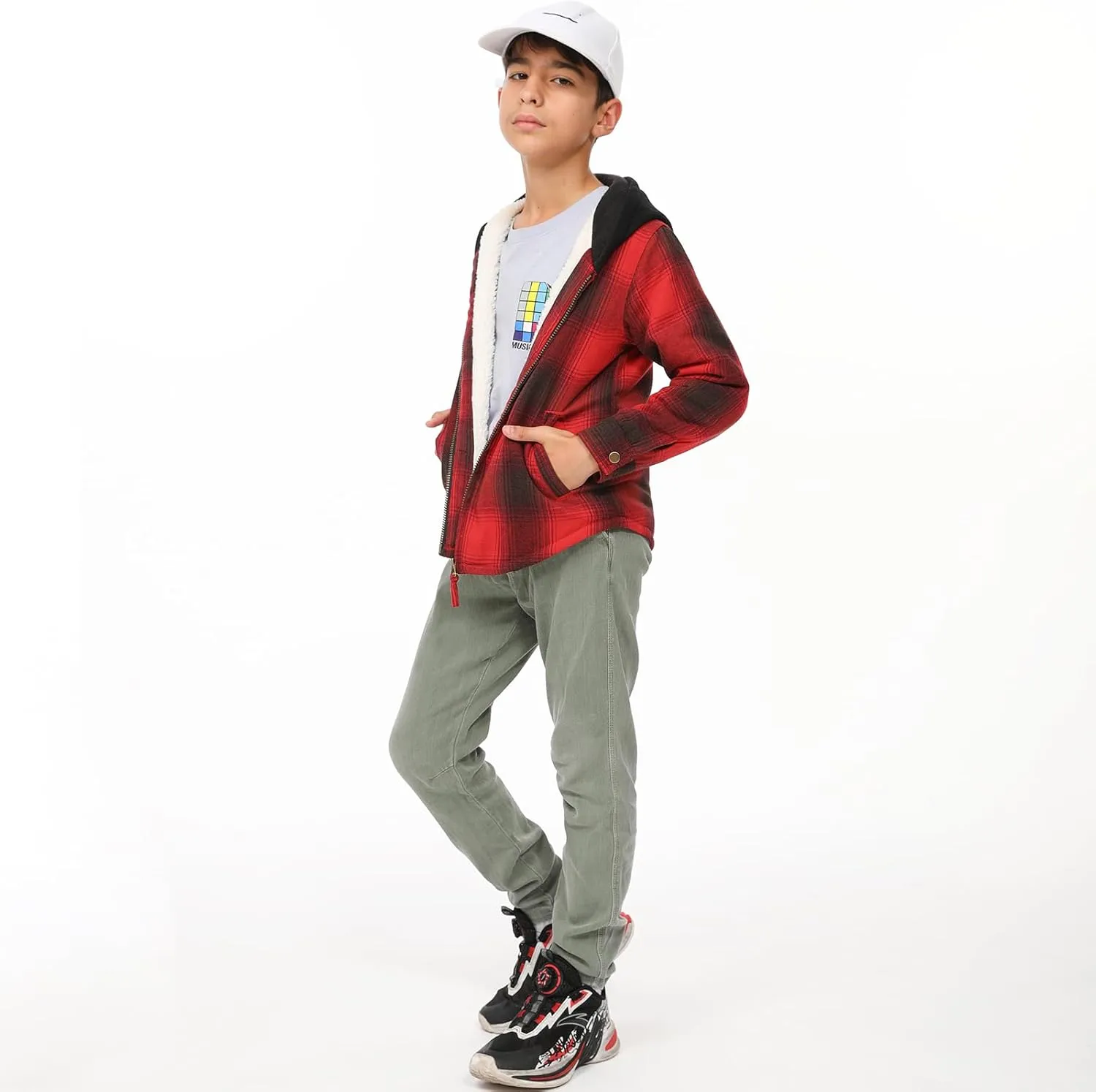ThCreasa Unisex Toddler Boys Girls Plaid Zip Up Flannel Hooded Jacket Sherpa Lined Shacket with Hand Pockets