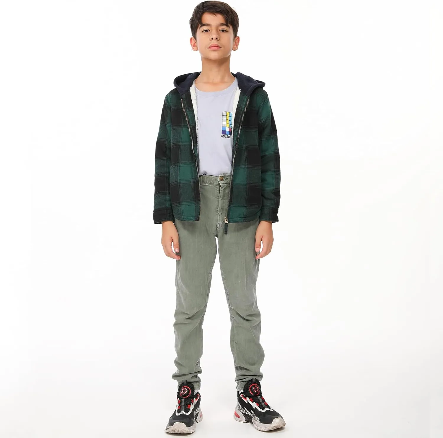 ThCreasa Unisex Toddler Boys Girls Plaid Zip Up Flannel Hooded Jacket Sherpa Lined Shacket with Hand Pockets