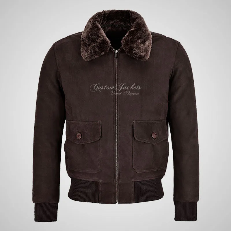 TOP GUN Men's Fur Collared Bomber Leather Jacket in Brown Nubuck Leather