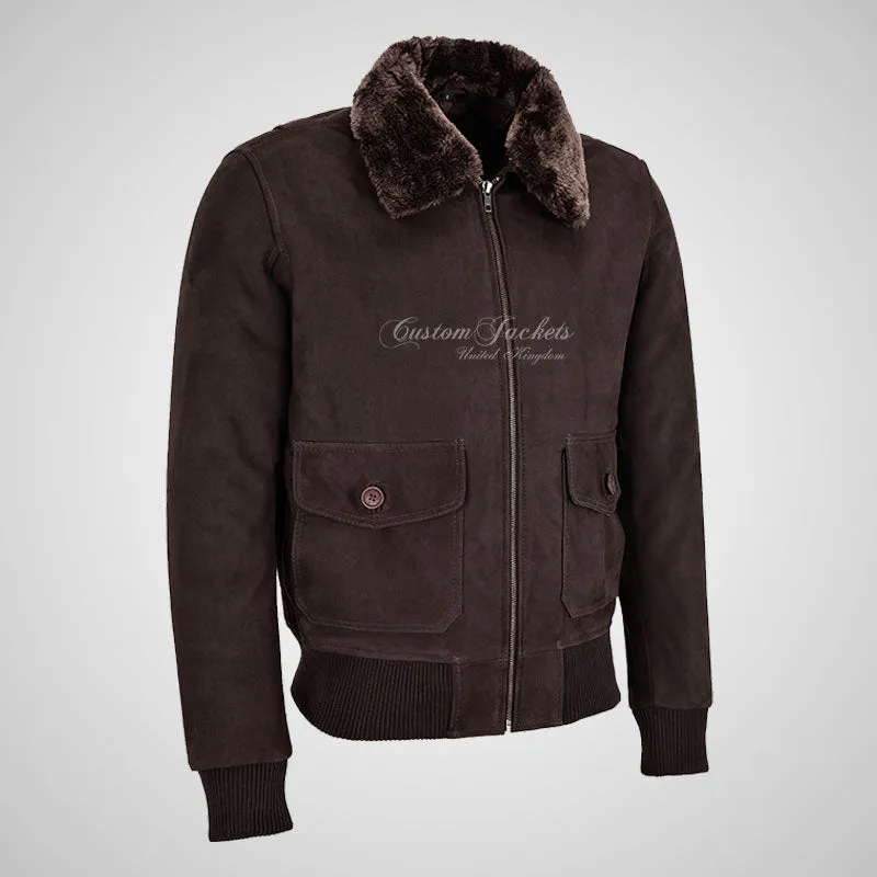 TOP GUN Men's Fur Collared Bomber Leather Jacket in Brown Nubuck Leather