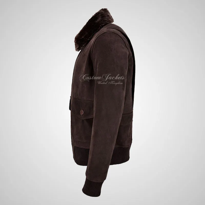 TOP GUN Men's Fur Collared Bomber Leather Jacket in Brown Nubuck Leather