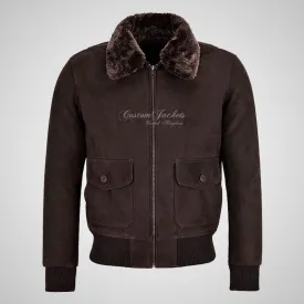 TOP GUN Men's Fur Collared Bomber Leather Jacket in Brown Nubuck Leather
