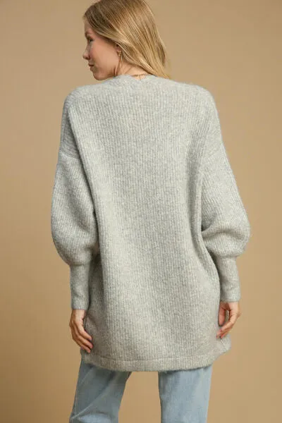 Umgee Full Size Wool Blend Open Front Lantern Sleeve Cardigan