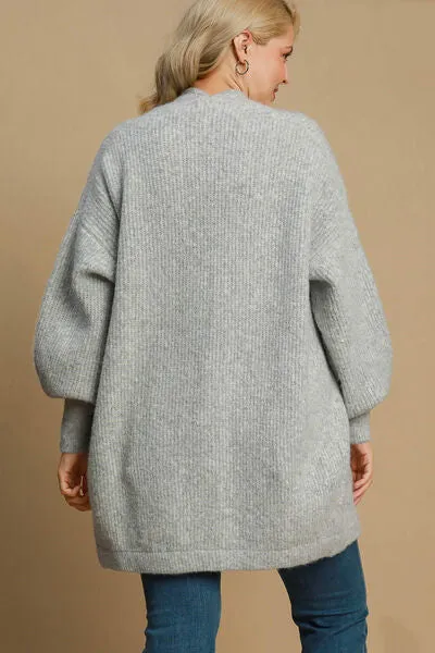 Umgee Full Size Wool Blend Open Front Lantern Sleeve Cardigan